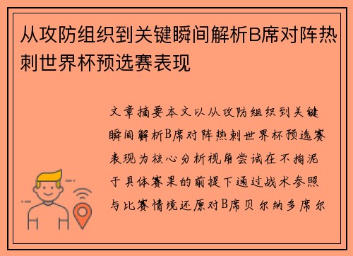 从攻防组织到关键瞬间解析B席对阵热刺世界杯预选赛表现